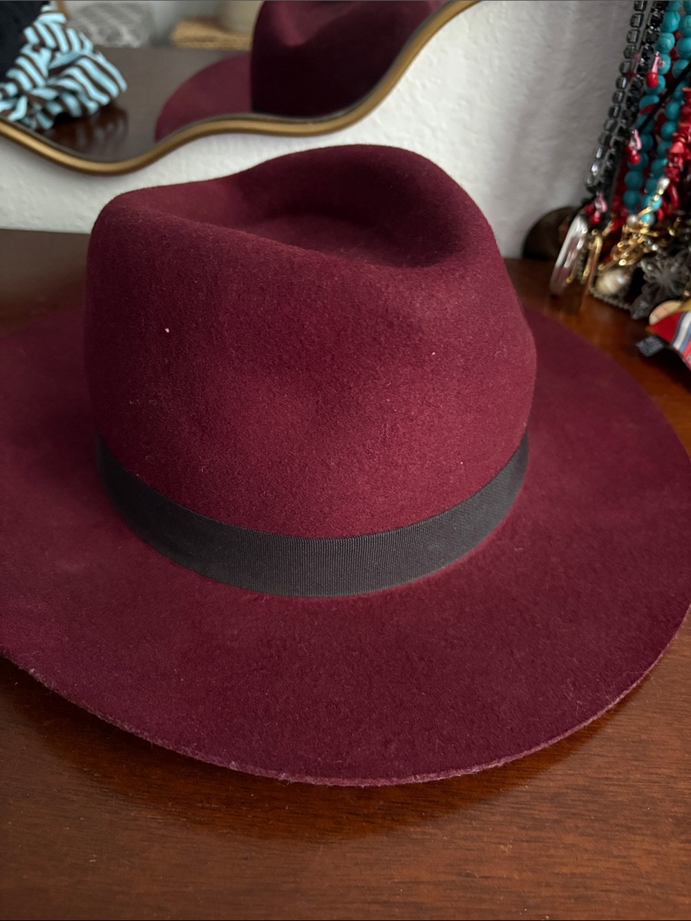 Wide Brim Burgundy Wool Fedora with Black Band